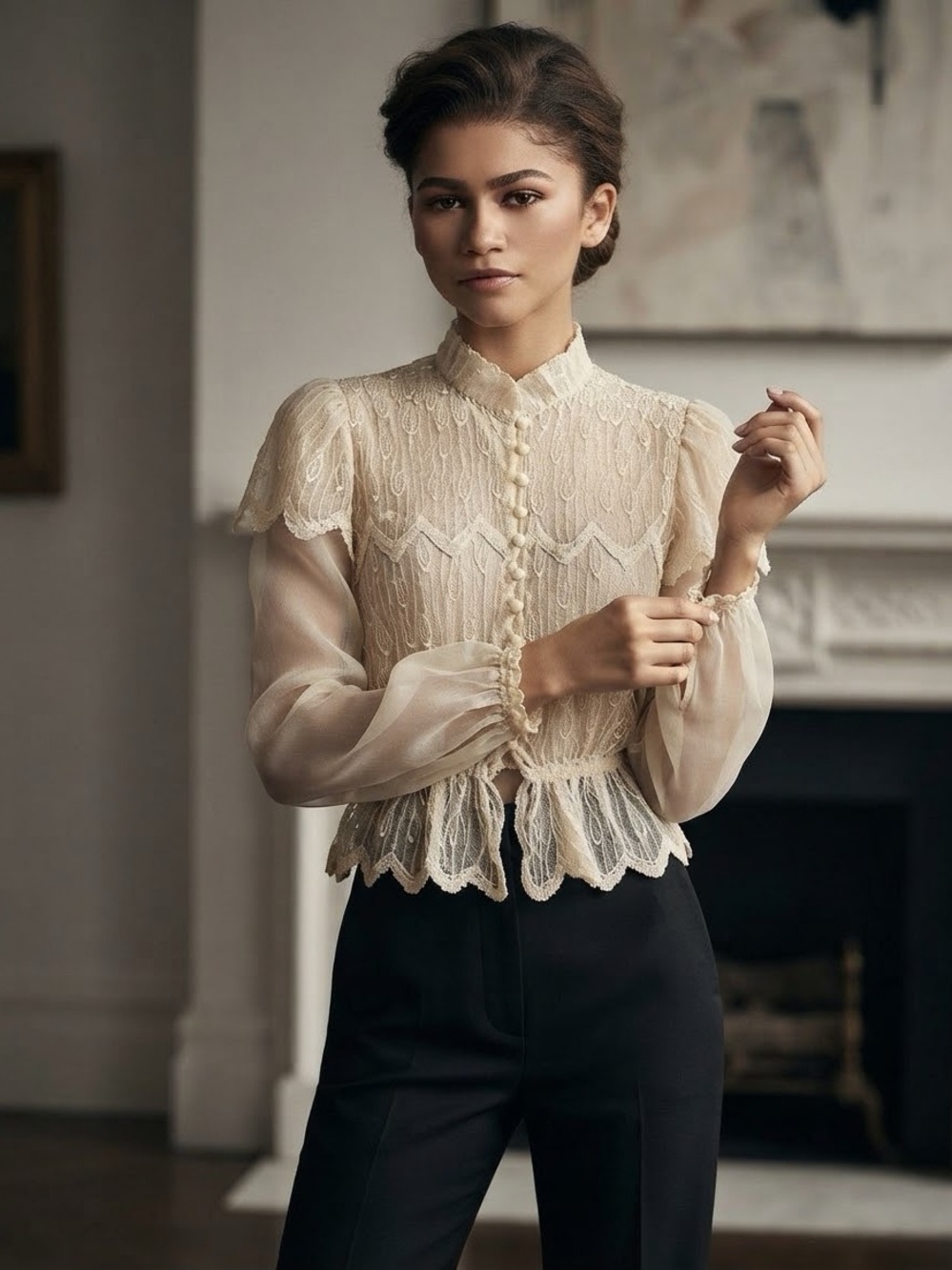 VINTAGE VICTORIAN Sheer Lace-Trim Cream Women's Blouse SZ 6 BRIDE BRIDAL WEDDING